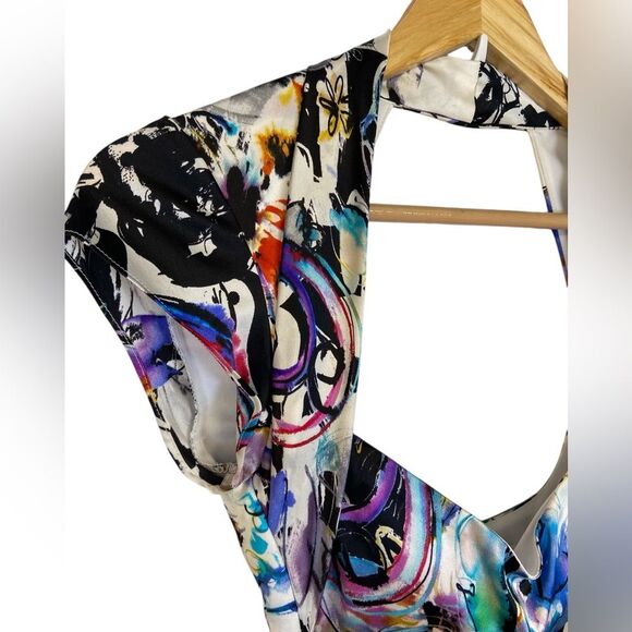 Vintage Cache Abstract Print 100% Silk Open Back Ruched Knee Length Dress Size 4 - Picture 7 of 16